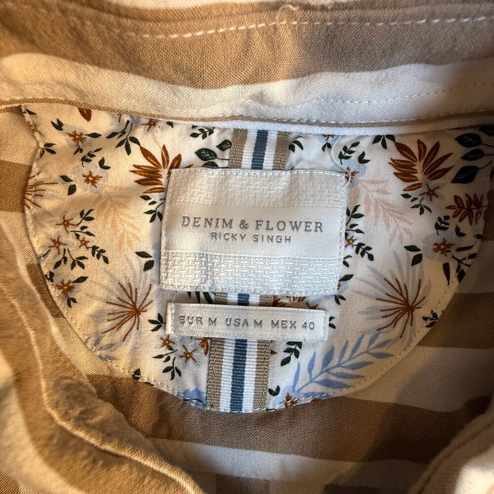 Denim & Flower Ricky Singh Tan & White Striped Button Front Shirt Men's Medium - Picture 7 of 10